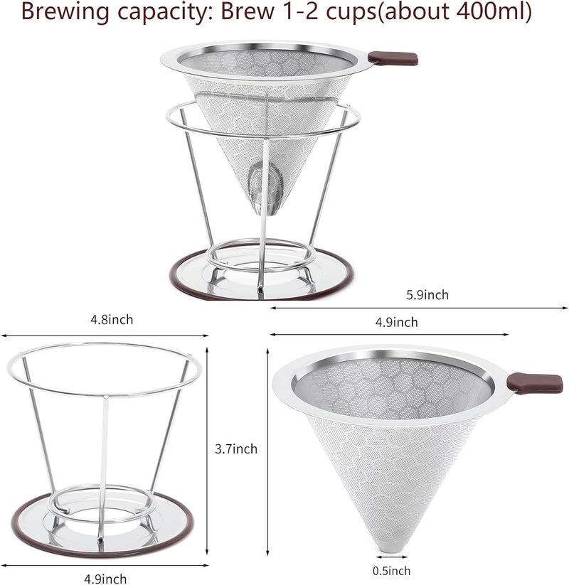 HAPYHOOM Pour Over Coffee Dripper Stainless Steel Coffee Filter Metal Cone Filter Paperless Reusable Single Cup Maker 1-2 Cup With Non-slip and Removable Cup Stand - Image 3